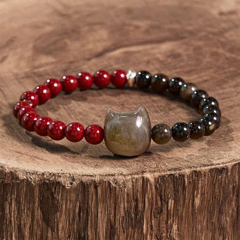 Wear FengShui Black Obsidian Cinnabar Silver Sheen Obsidian Cat Fulfilment Bracelet
