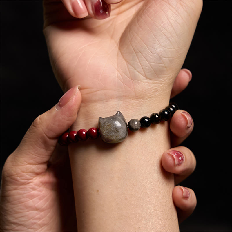 Wear FengShui Black Obsidian Cinnabar Silver Sheen Obsidian Cat Fulfilment Bracelet