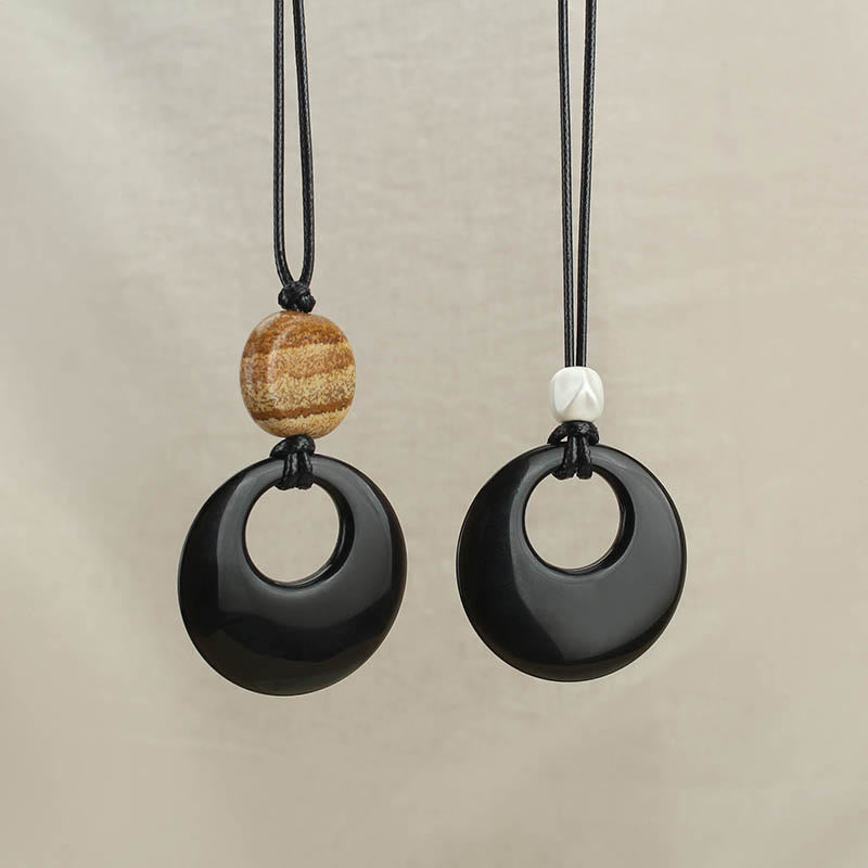 Wear FengShui Black Obsidian Liuli Picture Stone Copper Fulfilment Necklace Pendant