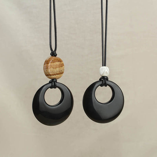 Wear FengShui Black Obsidian Liuli Picture Stone Copper Fulfilment Necklace Pendant