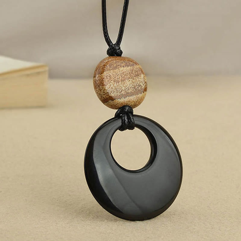 Wear FengShui Black Obsidian Liuli Picture Stone Copper Fulfilment Necklace Pendant