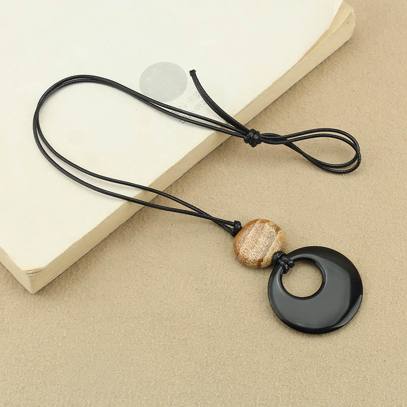 Wear FengShui Black Obsidian Liuli Picture Stone Copper Fulfilment Necklace Pendant