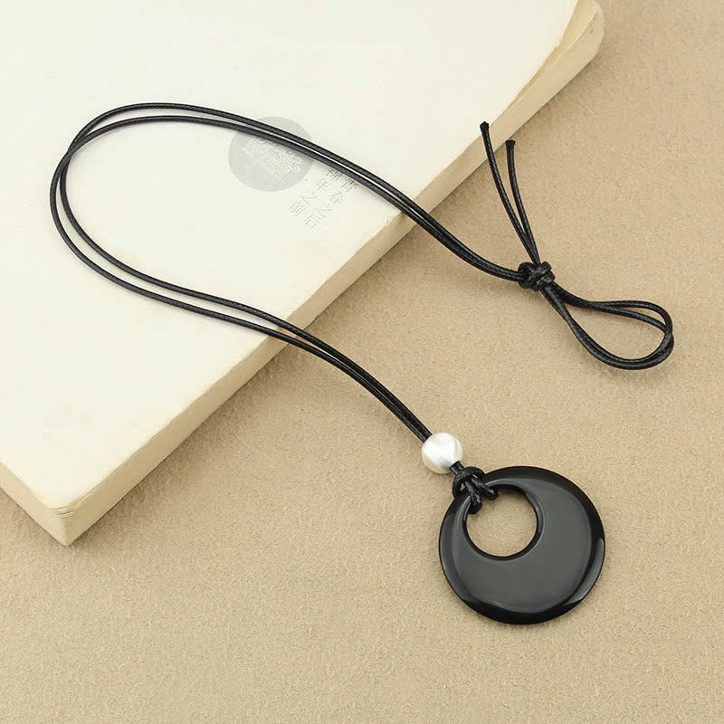 Wear FengShui Black Obsidian Liuli Picture Stone Copper Fulfilment Necklace Pendant