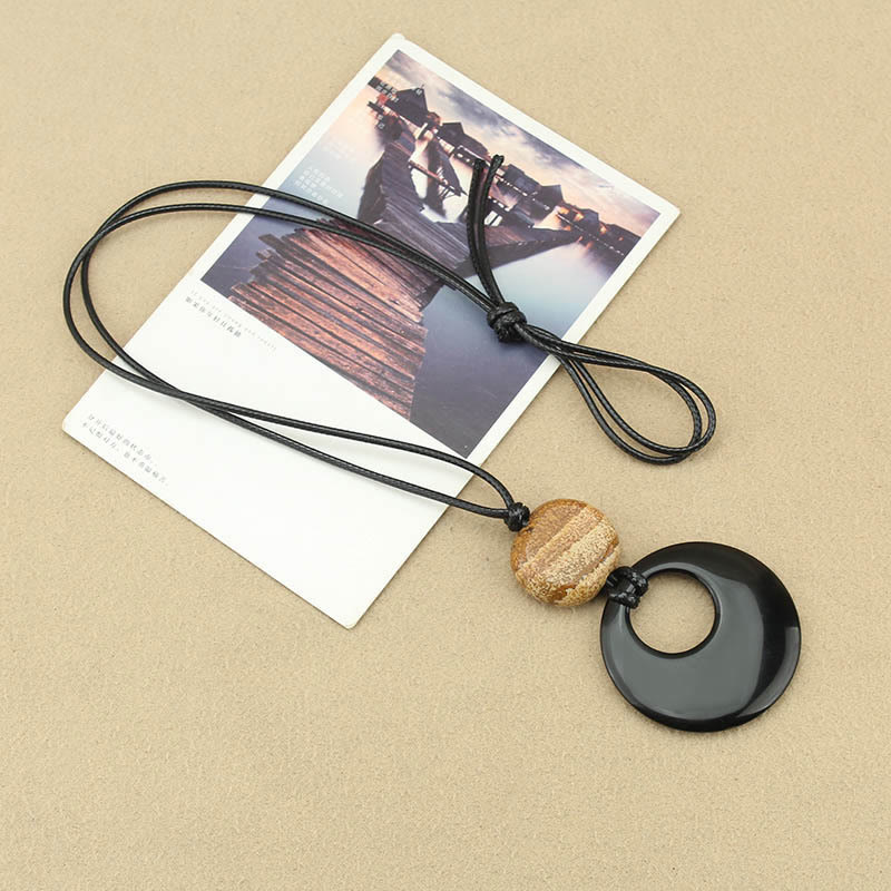 Wear FengShui Black Obsidian Liuli Picture Stone Copper Fulfilment Necklace Pendant
