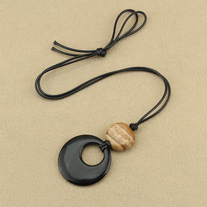 Wear FengShui Black Obsidian Liuli Picture Stone Copper Fulfilment Necklace Pendant