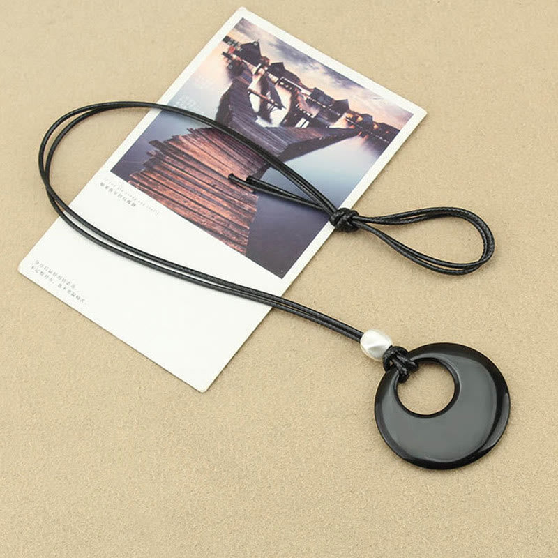 Wear FengShui Black Obsidian Liuli Picture Stone Copper Fulfilment Necklace Pendant