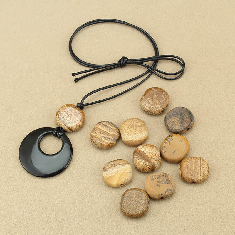 Wear FengShui Black Obsidian Liuli Picture Stone Copper Fulfilment Necklace Pendant