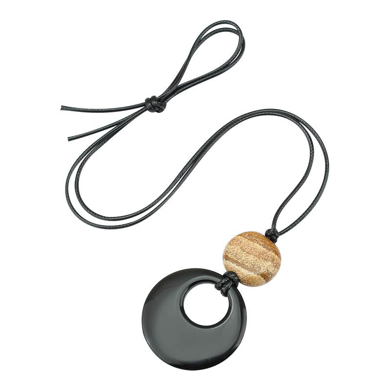 Wear FengShui Black Obsidian Liuli Picture Stone Copper Fulfilment Necklace Pendant