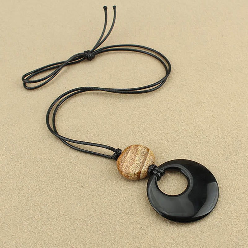Wear FengShui Black Obsidian Liuli Picture Stone Copper Fulfilment Necklace Pendant