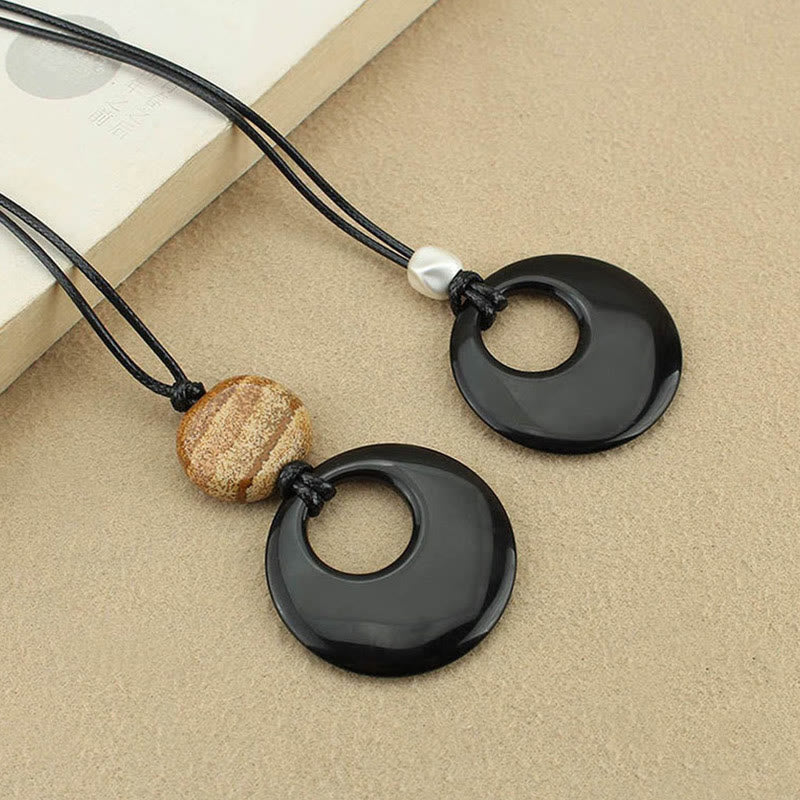 Wear FengShui Black Obsidian Liuli Picture Stone Copper Fulfilment Necklace Pendant