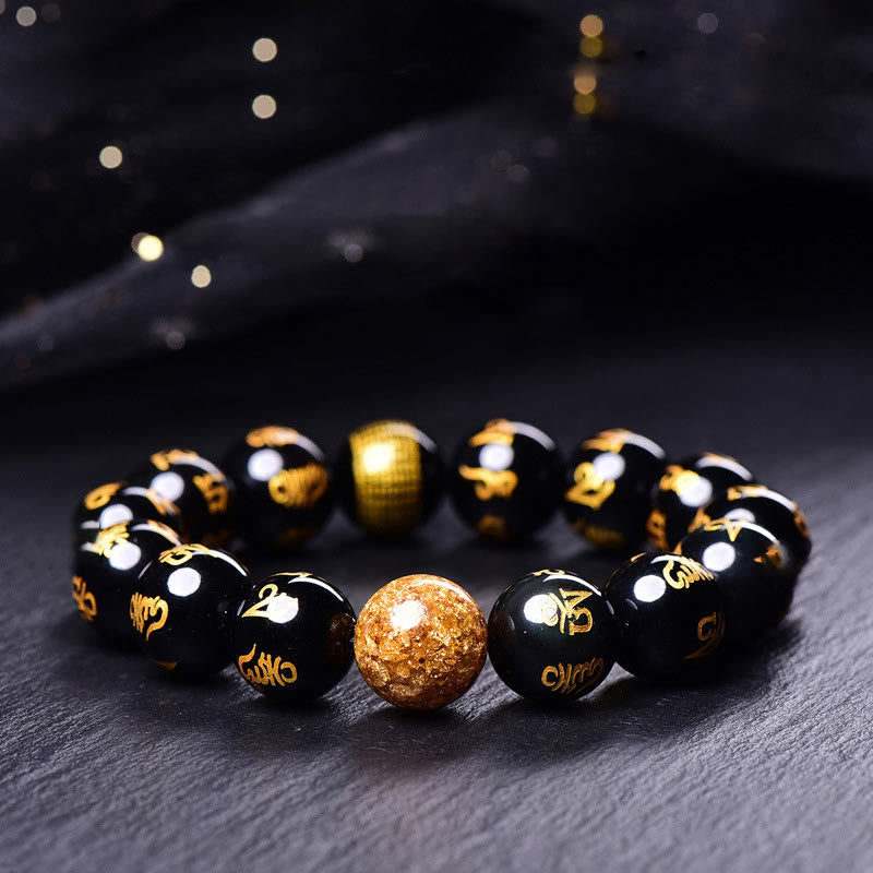 Wear FengShui Six True Words Om Mani Padme Hum Rainbow Obsidian Gold Foil Creativity Bracelet