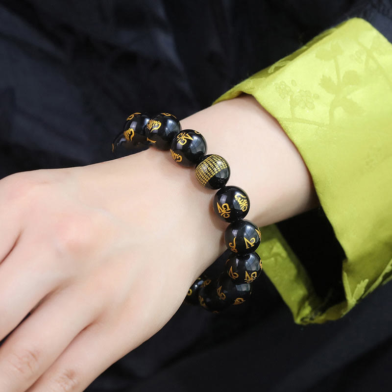 Wear FengShui Six True Words Om Mani Padme Hum Rainbow Obsidian Gold Foil Creativity Bracelet