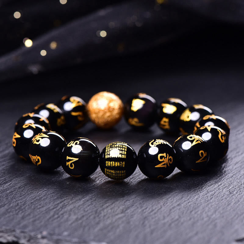 Wear FengShui Six True Words Om Mani Padme Hum Rainbow Obsidian Gold Foil Creativity Bracelet