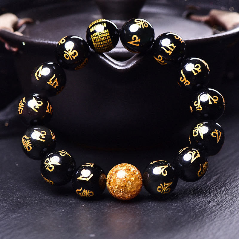 Wear FengShui Six True Words Om Mani Padme Hum Rainbow Obsidian Gold Foil Creativity Bracelet