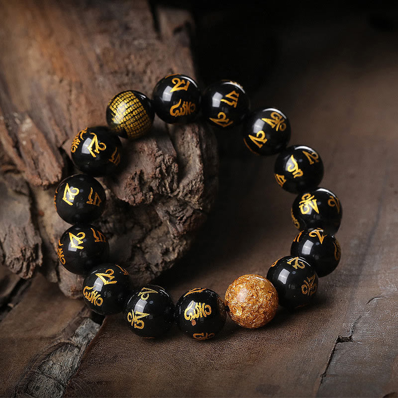 Wear FengShui Six True Words Om Mani Padme Hum Rainbow Obsidian Gold Foil Creativity Bracelet
