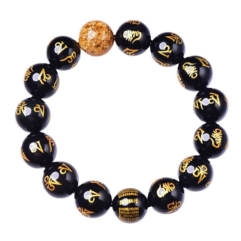Wear FengShui Six True Words Om Mani Padme Hum Rainbow Obsidian Gold Foil Creativity Bracelet
