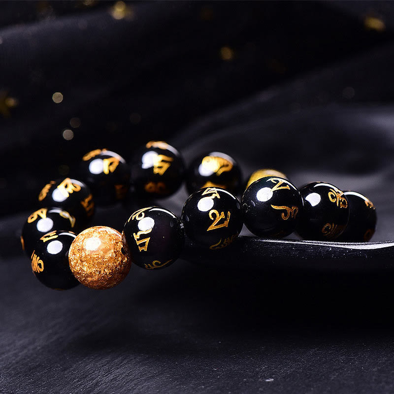 Wear FengShui Six True Words Om Mani Padme Hum Rainbow Obsidian Gold Foil Creativity Bracelet