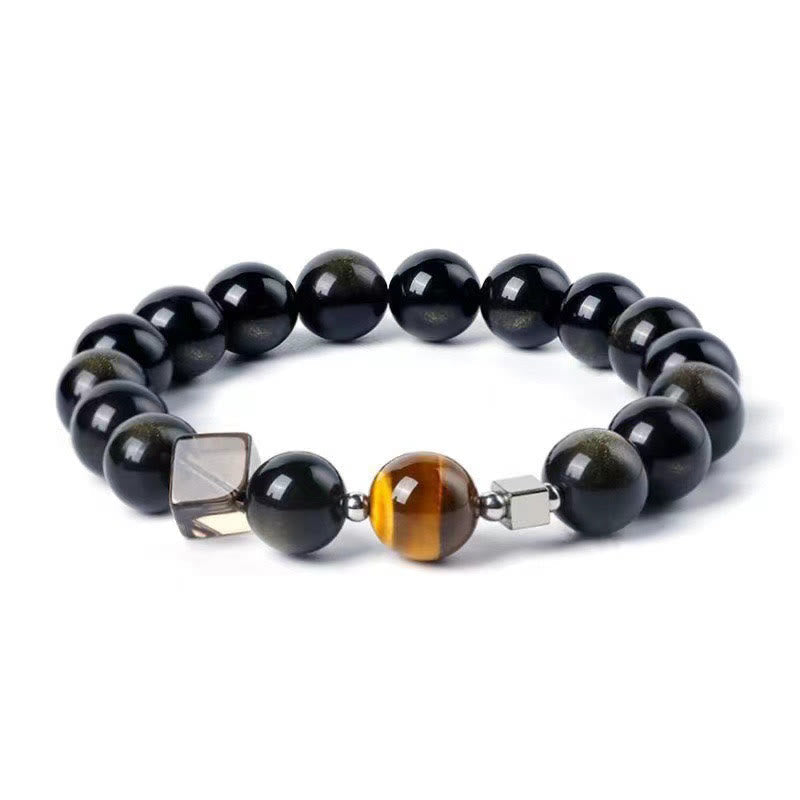 Wear FengShui Black Obsidian Eagle's Eye Stone Gold Sheen Obsidian Tiger's Eye Strength Bracelet