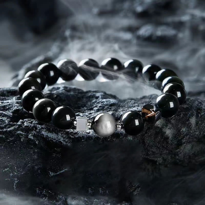 Wear FengShui Black Obsidian Eagle's Eye Stone Gold Sheen Obsidian Tiger's Eye Strength Bracelet