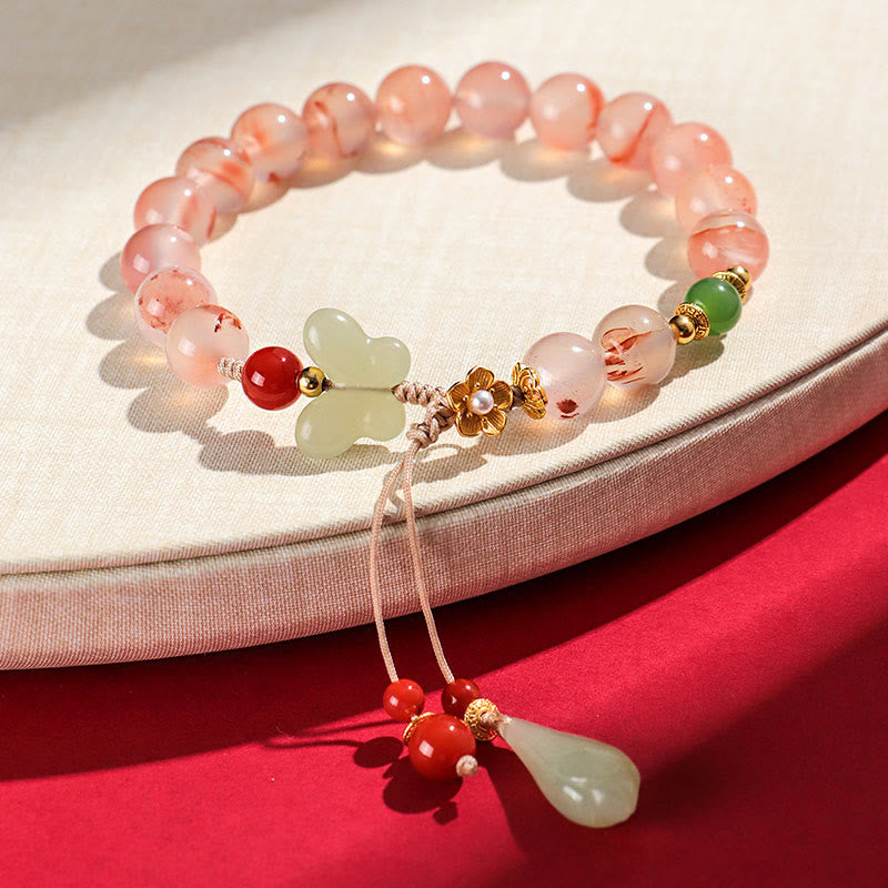 Wear FengShui South Red Agate Butterfly Orchid Hetian Jade Luck Bracelet