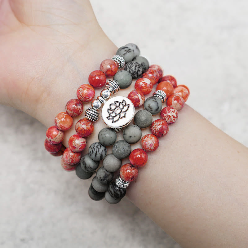 Wear FengShui 108 Mala Beads Natural Stone Sea Sediment Jasper Lotus Protection Bracelet