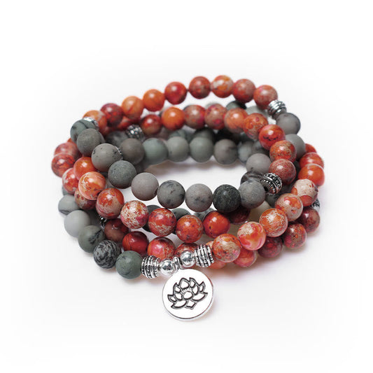 Wear FengShui 108 Mala Beads Natural Stone Sea Sediment Jasper Lotus Protection Bracelet