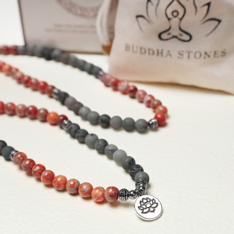 Wear FengShui 108 Mala Beads Natural Stone Sea Sediment Jasper Lotus Protection Bracelet