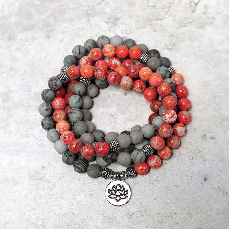 Wear FengShui 108 Mala Beads Natural Stone Sea Sediment Jasper Lotus Protection Bracelet