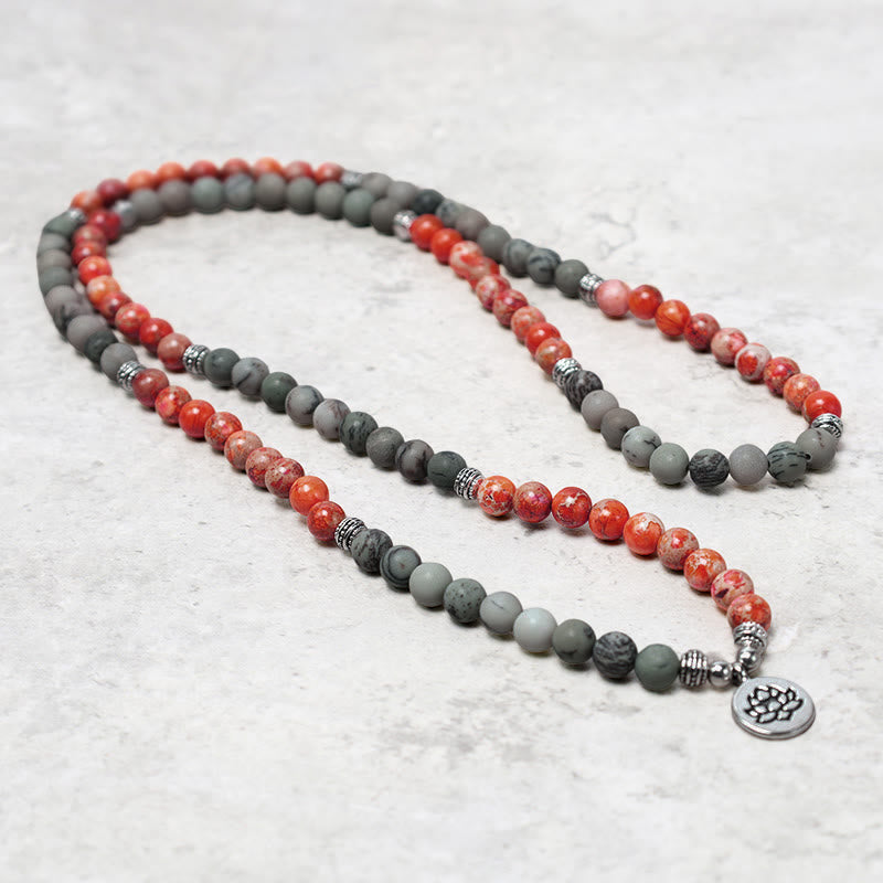 Wear FengShui 108 Mala Beads Natural Stone Sea Sediment Jasper Lotus Protection Bracelet