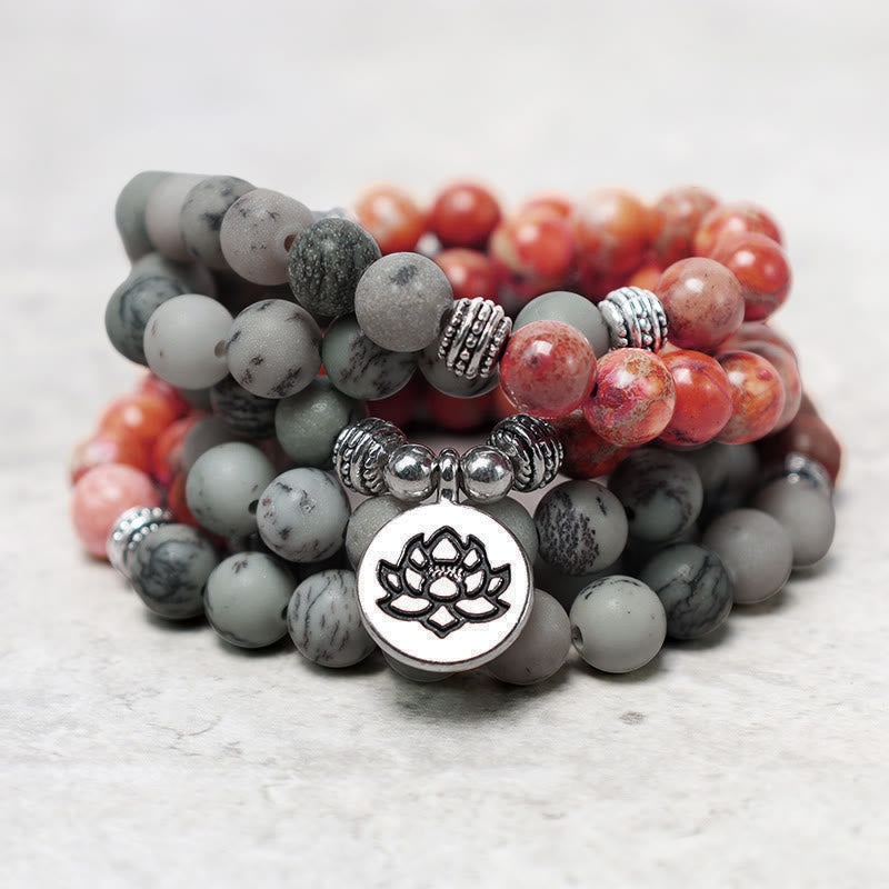 Wear FengShui 108 Mala Beads Natural Stone Sea Sediment Jasper Lotus Protection Bracelet