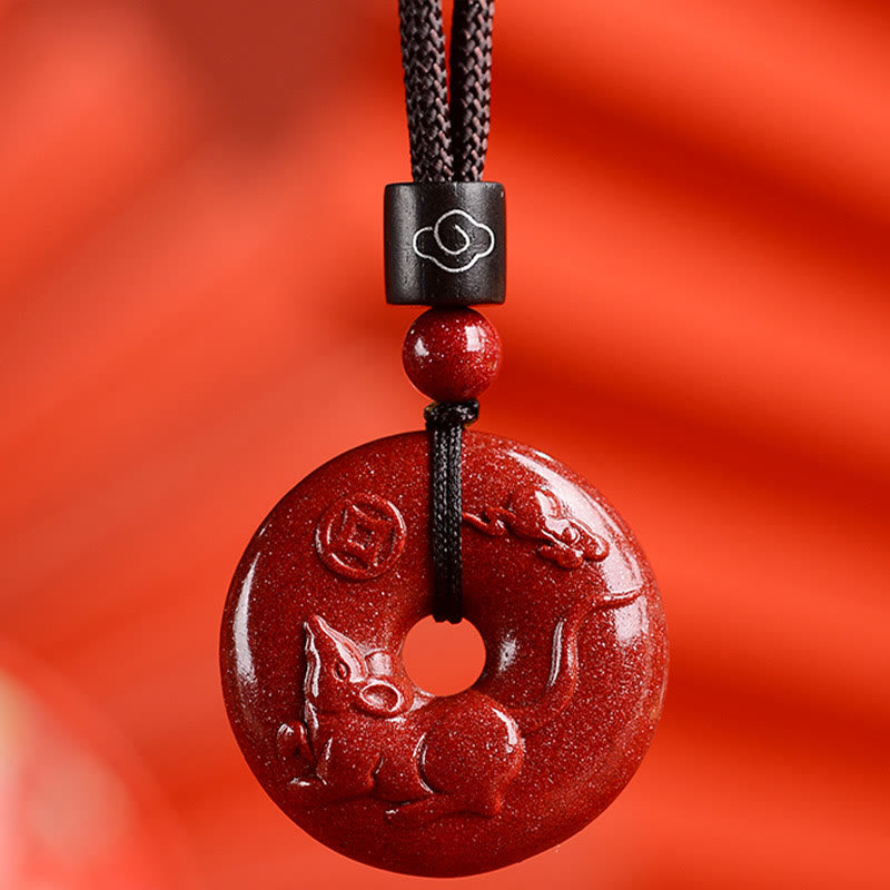 Wear FengShui Chinese Zodiac Cinnabar Peace Buckle Calm Necklace Pendant