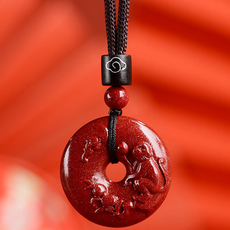 Wear FengShui Chinese Zodiac Cinnabar Peace Buckle Calm Necklace Pendant