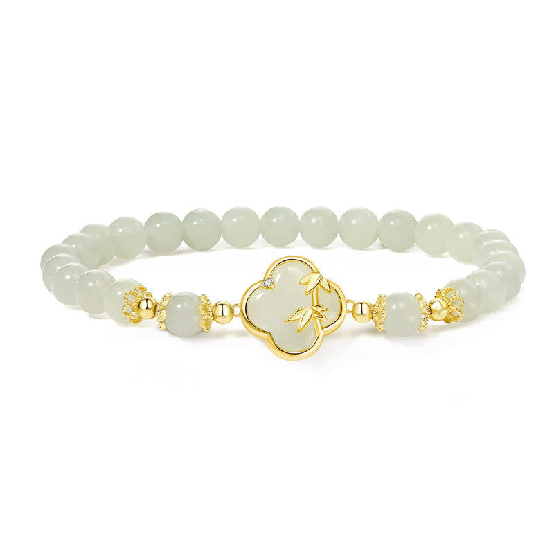 Wear FengShui Hetian Jade 925 Sterling Silver Four Leaf Clover Bamboo Luck Bracelet