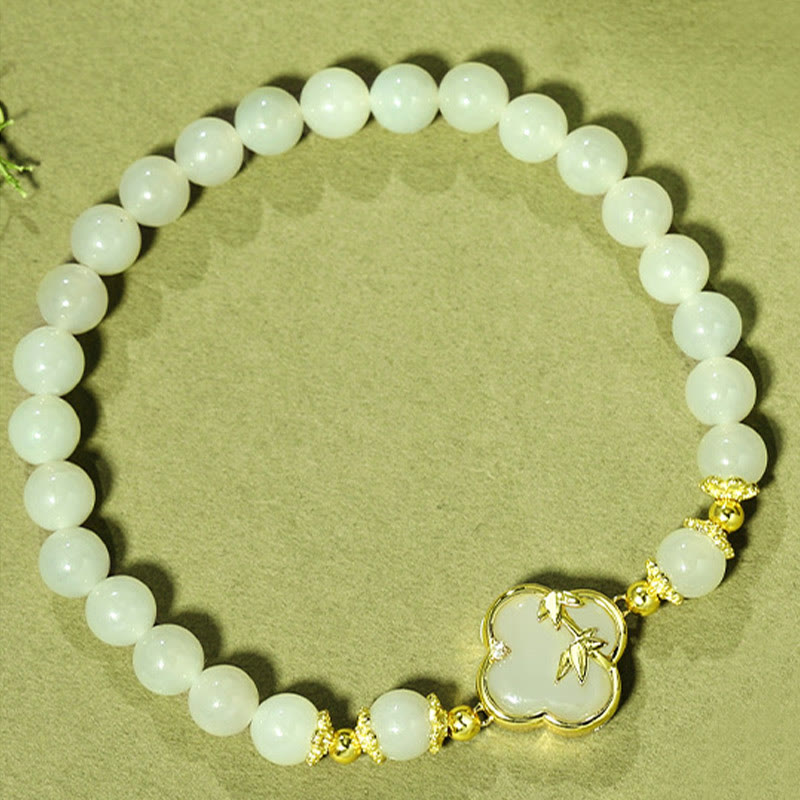 Wear FengShui Hetian Jade 925 Sterling Silver Four Leaf Clover Bamboo Luck Bracelet