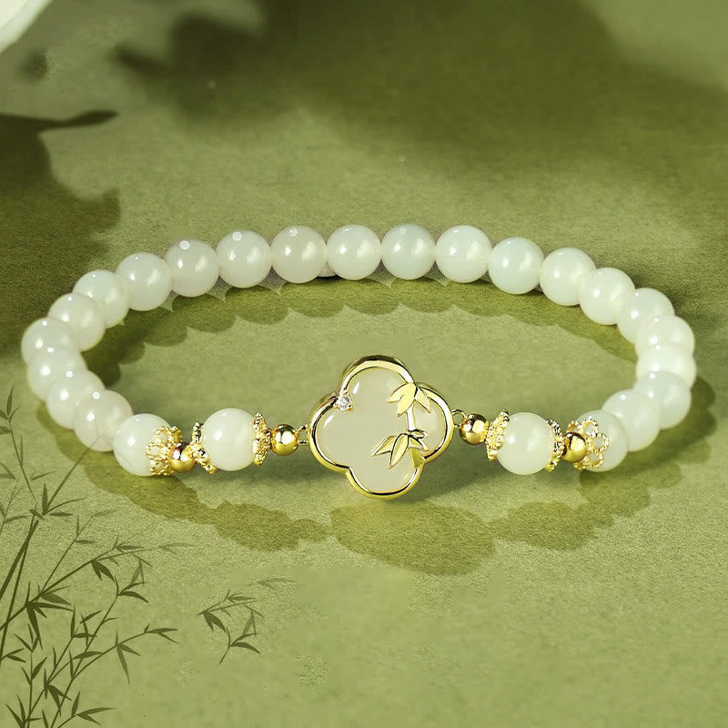 Wear FengShui Hetian Jade 925 Sterling Silver Four Leaf Clover Bamboo Luck Bracelet