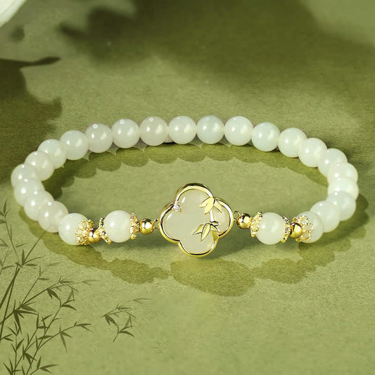 Wear FengShui Hetian Jade 925 Sterling Silver Four Leaf Clover Bamboo Luck Bracelet
