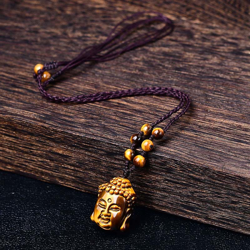 Wear FengShui Tiger Eye String Buddha Head Courage Necklace Pendant