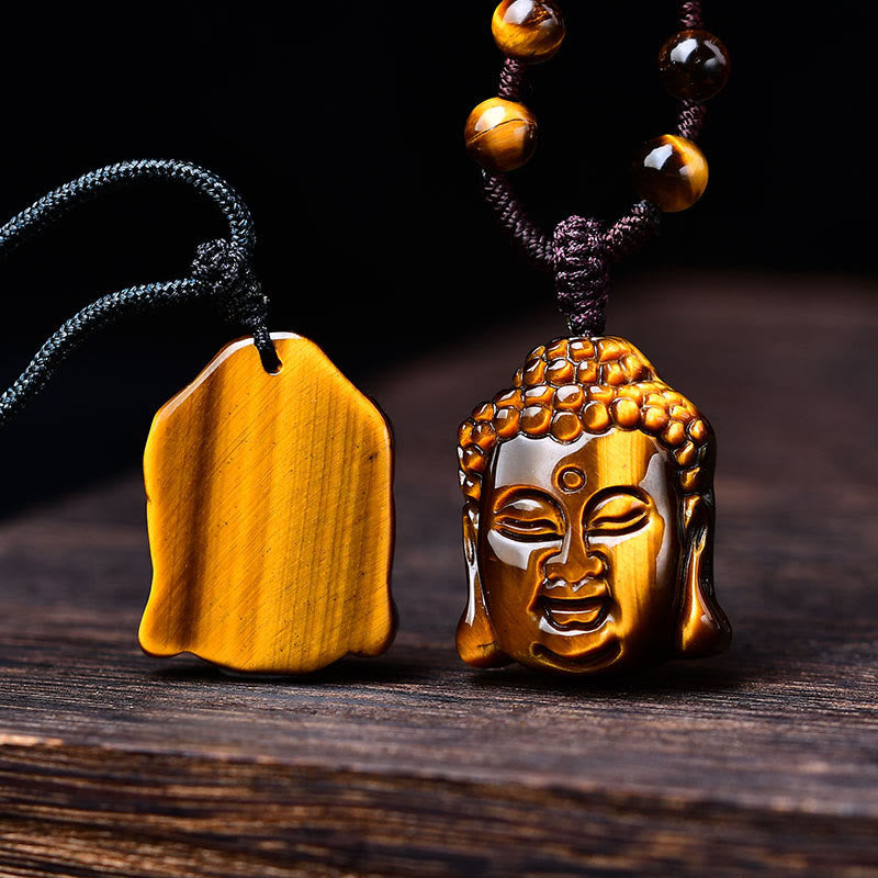 Wear FengShui Tiger Eye String Buddha Head Courage Necklace Pendant