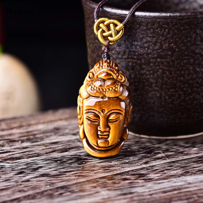Wear FengShui Tiger Eye Kwan Yin Avalokitesvara Head String Strength Necklace Pendant