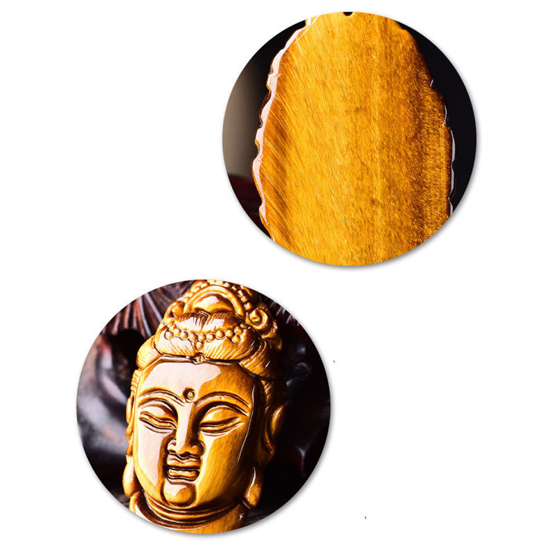 Wear FengShui Tiger Eye Kwan Yin Avalokitesvara Head String Strength Necklace Pendant