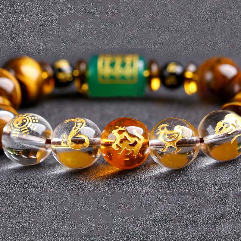 Wear FengShui Chinese Zodiac Tiger Eye White Crystal Courage Bracelet