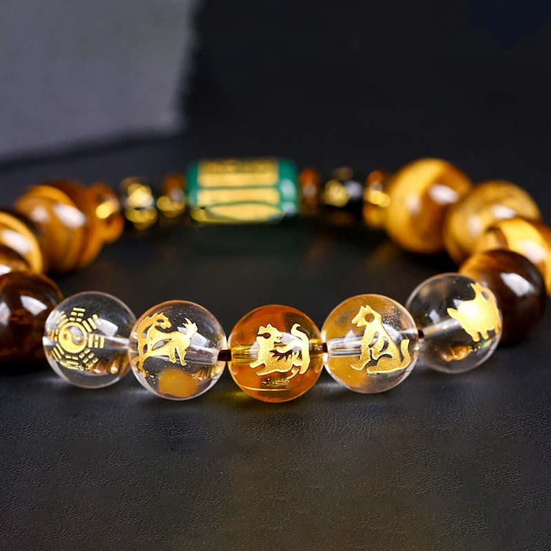 Wear FengShui Chinese Zodiac Tiger Eye White Crystal Courage Bracelet