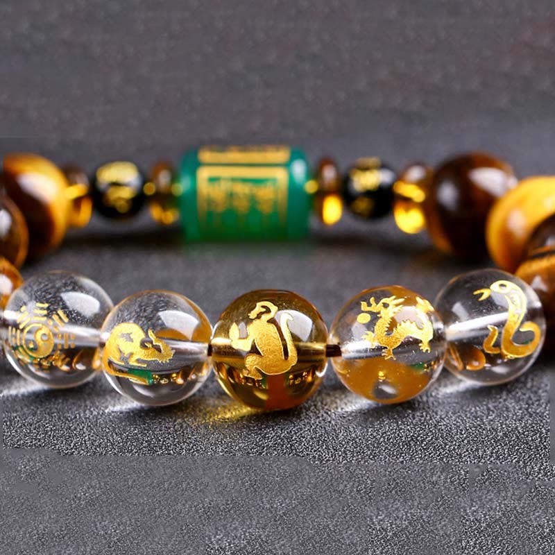 Wear FengShui Chinese Zodiac Tiger Eye White Crystal Courage Bracelet