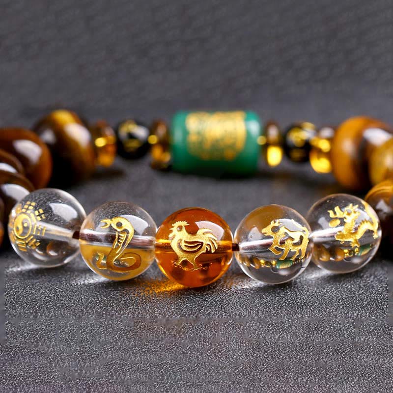 Wear FengShui Chinese Zodiac Tiger Eye White Crystal Courage Bracelet