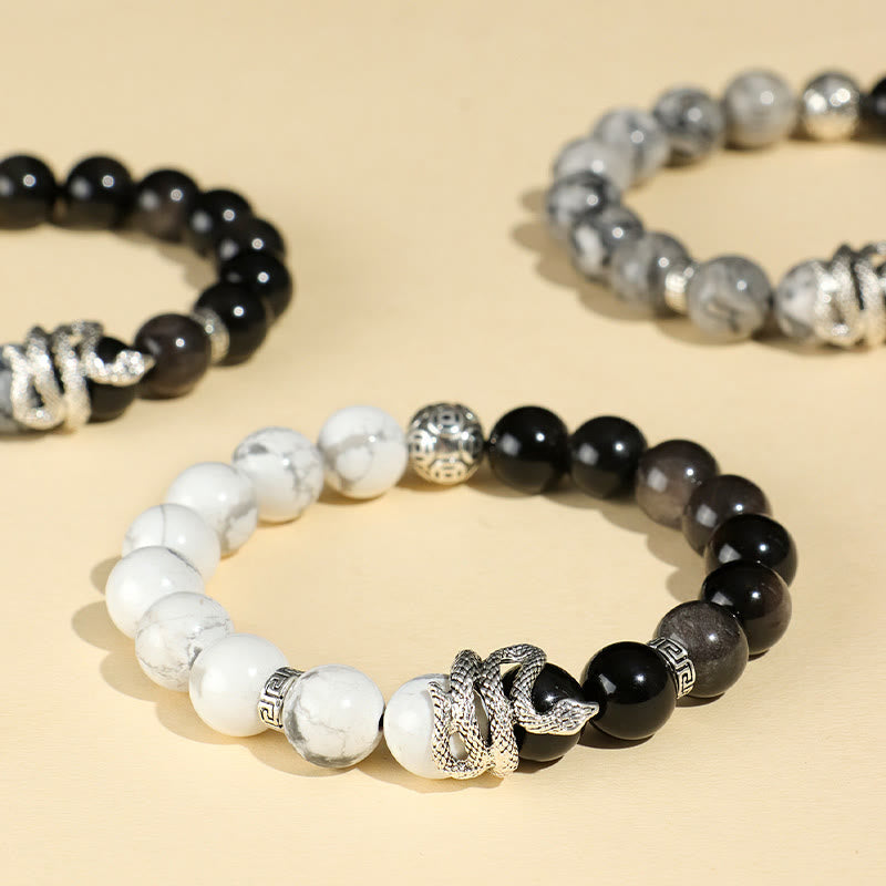 Wear FengShui Natural Silver Sheen Obsidian White Turquoise Grey Jasper Snowflake Obsidian Year Of The Snake Protection Bracelet