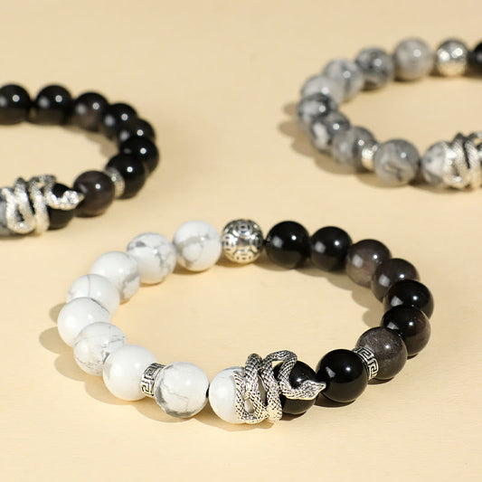 Wear FengShui Natural Silver Sheen Obsidian White Turquoise Grey Jasper Snowflake Obsidian Year Of The Snake Protection Bracelet