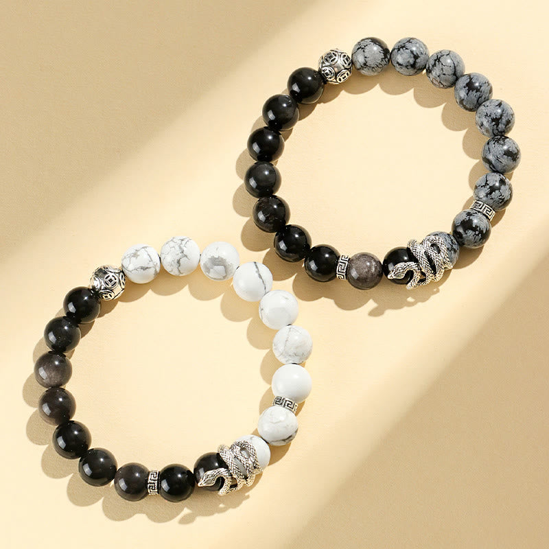 Wear FengShui Natural Silver Sheen Obsidian White Turquoise Grey Jasper Snowflake Obsidian Year Of The Snake Protection Bracelet