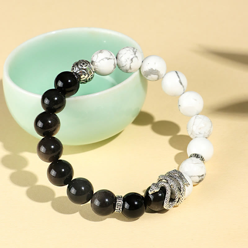 Wear FengShui Natural Silver Sheen Obsidian White Turquoise Grey Jasper Snowflake Obsidian Year Of The Snake Protection Bracelet