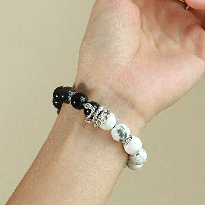 Wear FengShui Natural Silver Sheen Obsidian White Turquoise Grey Jasper Snowflake Obsidian Year Of The Snake Protection Bracelet