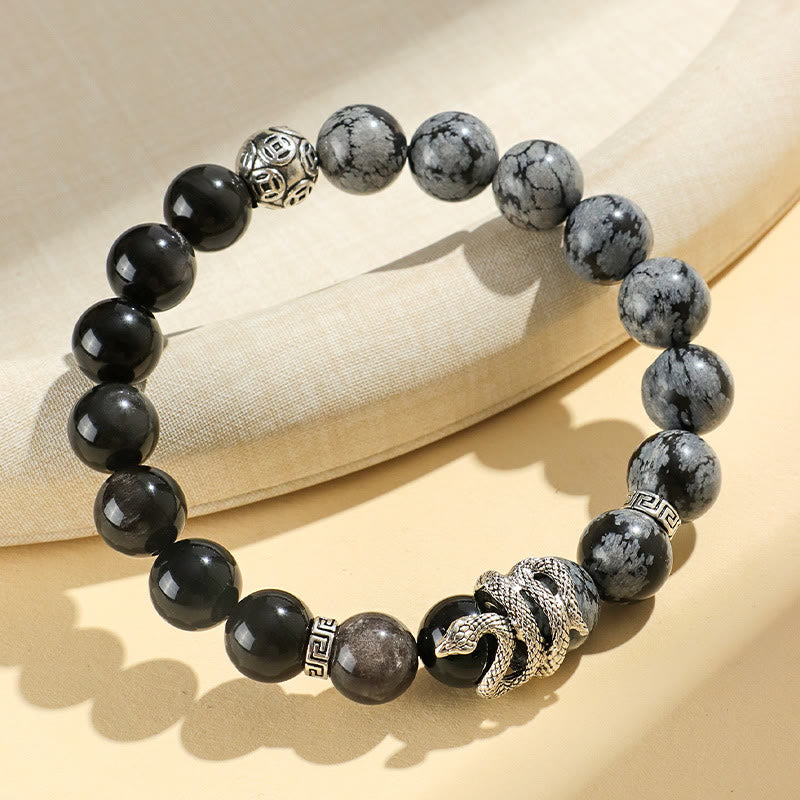 Wear FengShui Natural Silver Sheen Obsidian White Turquoise Grey Jasper Snowflake Obsidian Year Of The Snake Protection Bracelet